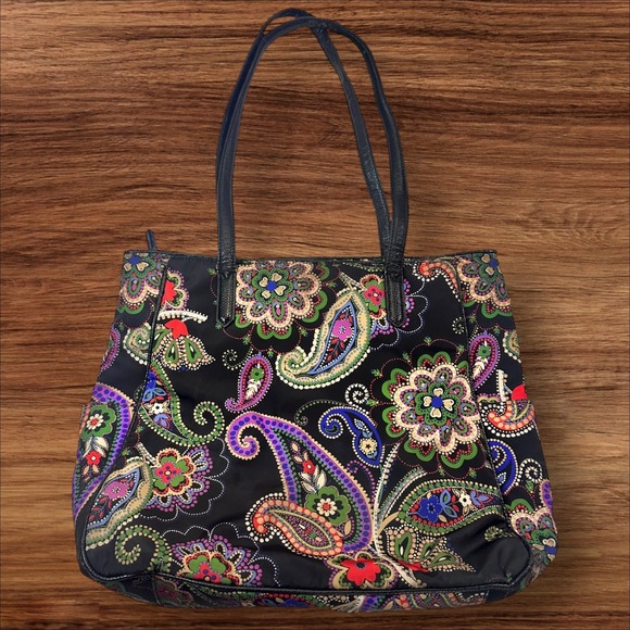 Vera Bradley Tote Bag Black‎ Paisley Floral Print Shoulder Handbag Purse - Picture 6 of 10